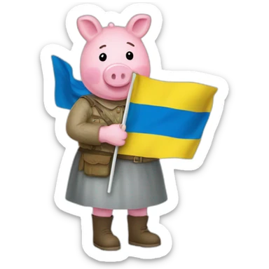Pepa pig holds a Ukrainian flag sticker