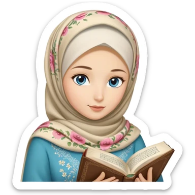 Turkish blonde floral design Hijabi girl with blue eyes and beautiful finish reading quran sticker