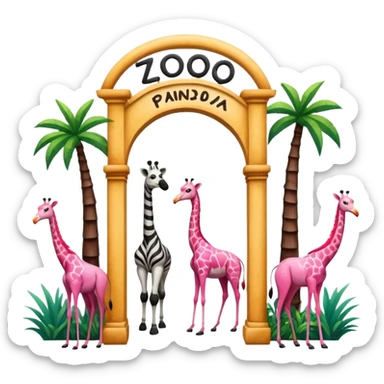 wooden archway labeled 'zoo' with giraffe, panda, zebra, and flamingo gathered at entrance, realistic hand-drawn emoji style, avoiding AI or digital look sticker
