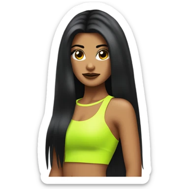 Tanned woman with long black hair dressed in Y2K pop hair, makeup, and neon attire sticker