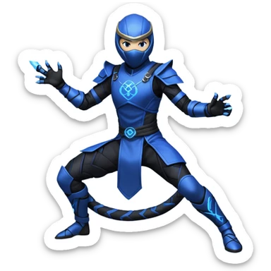 NIGHTCOIL: Dark flexible suit with electric-blue circuitry. Electrified whip crackling with energy. Lightweight armor, fingerless gloves, serpent insignia. Agile, playful, unpredictable. Mid-motion stance, whipping around enemies or structures. he is a ninja inspired by Mortal Kombat sticker