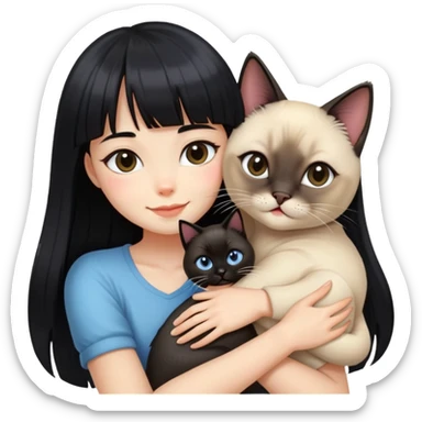 A girl with long black hair and bangs happily hugs a Siamese cat sticker