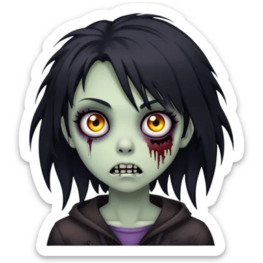 creepy zombie girl, black shaggy medium hair, emo, dark and spooky expression sticker