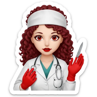 Lilith scalpel in hand, evil surgeon outfit.  She has red eyes. She has dark brown curly hair. Hair is long . Wears sexy doctor outfit with red gloves. Covers nose, neck and mouth with Muslims  sticker