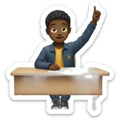 boy is sitting at school desk, hand is raised sticker