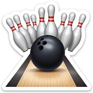 A bowling ball rolling down the lane towards a set of pins, with the pins poised to fall. The scene is set in a bowling alley with bright lights and a polished wooden floor, capturing the excitement and precision of the sport. sticker