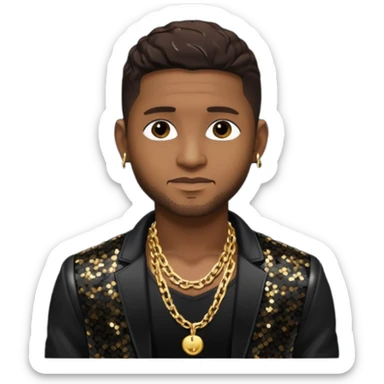 Usher with dark brown hair, black sequin jacket, shirtless with necklace  sticker