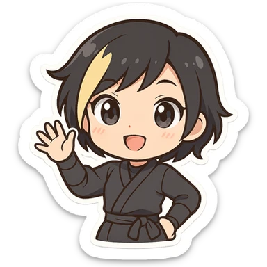 chibi ninja girl with black short hair and a blonde streak, big head, small body and arms, not overly round or infant-like, cute and playful, anime-style face with large expressive eyes, small nose and mouth, subtle blush, hand fully raised, waving to the left, smiling, pastel colors, soft shading, clean outlines, no mask sticker