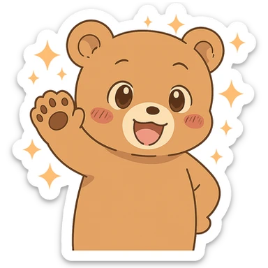 Add magical sparkles around the chibi bear waving bye. Keep the image with no background. sticker