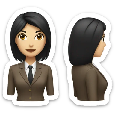 Female defense attorney with long black hair with brown suit sticker