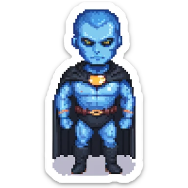 megamind character, blue-skinned supervillain with a large head, wearing a black cape and suit, confident expression, pixel art style sticker