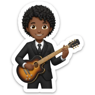 A boy with black fade curly hair Smiling and holdijg a guitar in a black suit  sticker