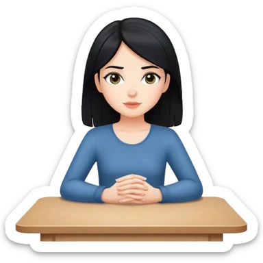 white girl black hair sitting at table with hands flat sticker