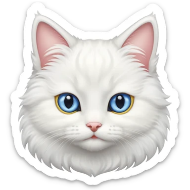 Make me a cute white fluffy cat with one blue eye and one yellow sticker