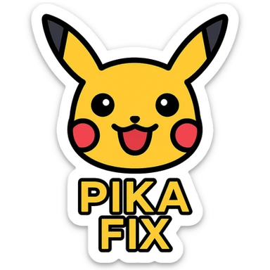 Adjust the icon so that there is very little space between Pikachu's head and the text below. Change the text 'PIKA' and 'FIX' to yellow color. The icon should be clear and cute with a transparent background. sticker