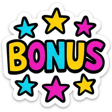 the word BONUS in large, eye-catching colorful letters surrounded by stars, no background or sign behind, just the letters and stars sticker