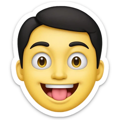 yellow face emoji smiling with huge tongue out and eyes wide open. Tongue should have the effect of wagging back and forth. Give him a head of black hair sticker