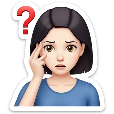 Woman with puzzled expression, scratching her head with a question mark sticker