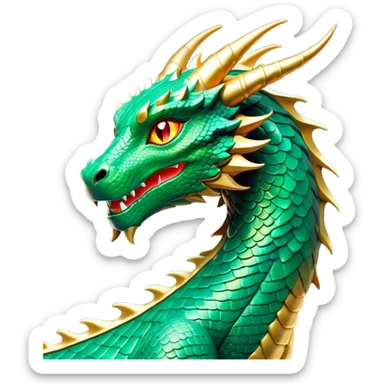 Cinematic Noble Dragon Portrait Emoji, Poised and majestic, with a sinuous, elongated build and shimmering, scale-covered skin in hues of emerald and gold, piercing, fiery eyes, Simplified yet sharp and sophisticated features, highly detailed, glowing with a mystical, radiant glow, high shine, intelligent and formidable, stylized with an air of ancient power, focused and attentive, soft glowing outline, capturing the essence of a watchful and legendary dragon that feels as though it could soar out of the screen with effortless authority! sticker