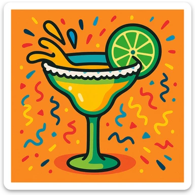 margarita glass with a salted rim, lime slice, and a splash effect, festive and colorful sticker