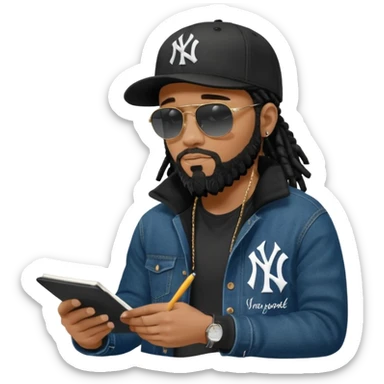 African American man with shoulder length black dreadlocks with black beard wearing black sunglasses wearing a black New York Yankees logo baseball cap wearing a black bubble winter coat wearing denim skinny jeans timberland boots writing a note sticker