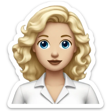 blue-eyed blonde with a white dress shirt and a Starbucks in her hand and an iMac  sticker