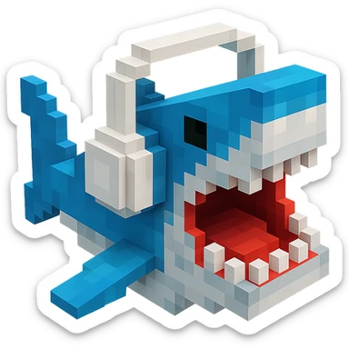 voxel style shark with white headphones, open mouth, blocky, blue and silver, no background sticker