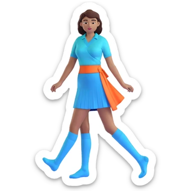 woman wearing teal wrap shirt, blue a-line skirt, light blue knee-high socks sticker