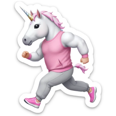 friendly anthropomorphised male white unicorn with a fit, chunky, muscular and strong physique, white arms and legs, wearing grey tracksuit pants and pink jumper, sunglasses, walking quickly sticker