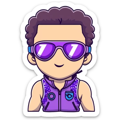 close-up of cool guy male athlete with white skin and moderately curly dark brown hair on top with shaved sides, with one purple ski goggle lens pushed up above his eyes on his forehead, sticking his tongue out of his mouth, a simple plain black chain necklace, and a completely unzipped sleeveless vest with purple and black sequin fire pattern design with no logo sticker