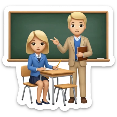 classroom scene with one student and a teacher sticker