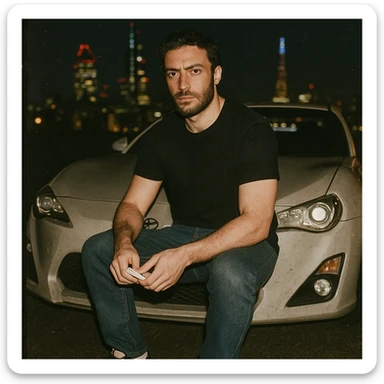 Grunge-style analog photo, London 2025, person inspired by the reference image sitting in front of a Nissan GT 86, model pose turned towards the camera, wearing a black t-shirt, jeans, and Nike Air Jordan low shoes, using flash, nighttime city background, analog grain, 1/8. sticker