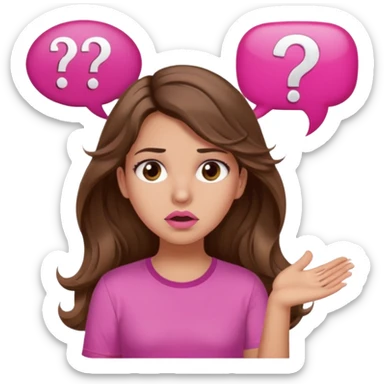 girl with long wavy brown hair, brown eyes, light to medium complexion, in a pink shirt, pink lips, long lashes, confused, question mark speech bubble sticker