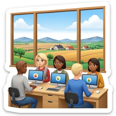 Employees of a startup company working on their computers while looking out the window at the rural landscape.w sticker