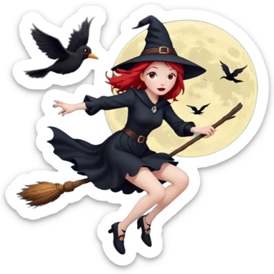 witch with red hair flying , on the background - full moon and black birds, должна сидеть на метле, ноги не касаются краев изображения sticker