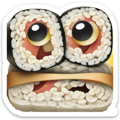 A sushi roll that has a face with eyes a nose and a mouth  sticker
