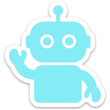 cute robot with waving hand and big eyes, main color #b0f2f8, color icon style sticker