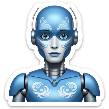 blue Tatooed robot, big many tatooes on chest, neck and face, white tatoo on face sticker
