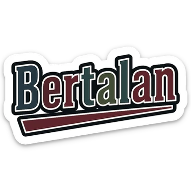 Text image of the name 'Bertalan' in a masculine, modern, gradient font with precise Hungarian characters, dark contour, extra thick, prominent white letter outline as in reference images, dynamic slanted underline, masculine color shades including blue, gray, burgundy, green, and brown, 1000x1000 px, PNG, transparent background. sticker