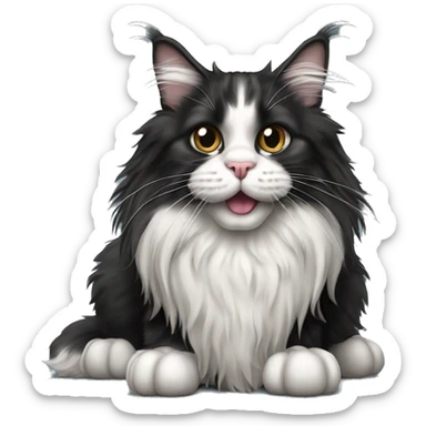 black and white maine coon cat with tongue hanging out and bulging eyes and paws standing on the floor sticker