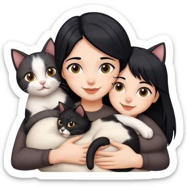 happy girl with black hair hugging three cats  (black calico cat, gray cat, brown calico cat) sticker
