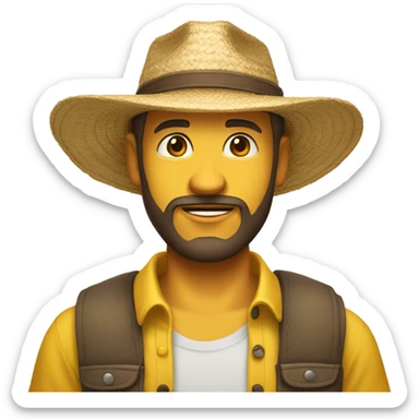 man with brown beard, light skin, big eye brows, wearing a straw hat and a yellow t-shirt sticker