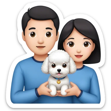 asian man and woman holding a bichon sticker