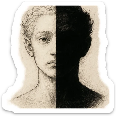 a two-faced person, half light and half shadow, surreal artistic style sticker