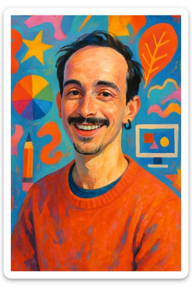 Young male graphic designer, receding dark hair, thin moustache, black earring left, cheerful, modern look, creative vibe sticker