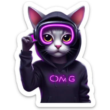 cat wearing a black hoodie with "OMG" letters on it and VR headset in a cyberpunk VR environment with violet neon lighting. sticker