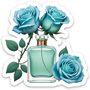 Aesthetic composition of soft blue roses with a vintage-style green  perfume bottle.
 sticker