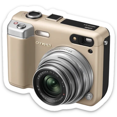 Minimalist Olympus Superzoom 70G camera from side angle, grayish-beige color, simplified profile showing characteristic silhouette with very few details sticker