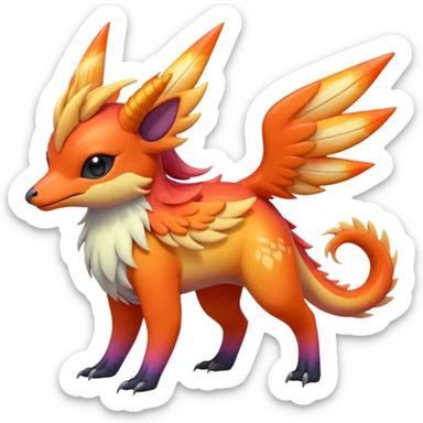  Shiny iridescent light warmly colored reddish-orange-gold-gradients neon vibrant colorful pastel flourishing flurry fuzzy Nargacuga-Palkia-Meloetta-Noibat-fusion-animal-Fakémon-hybrid-creature, by griffsnuff sticker