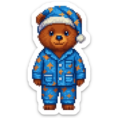 Add a nightcap to the bear in blue pajamas in pixel art style. The style should resemble pixel art with clear pixelated details and colors. sticker